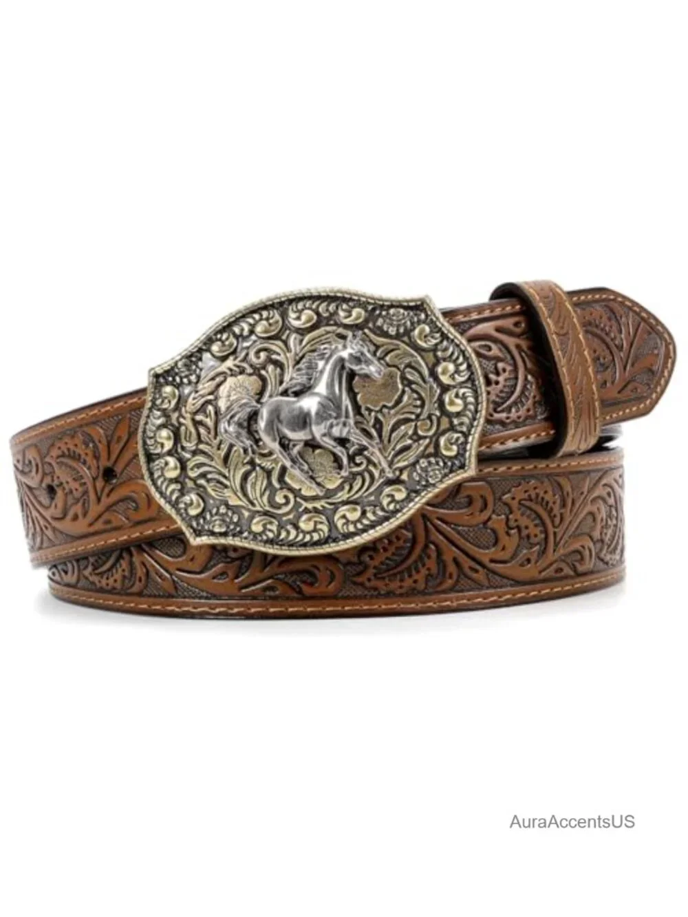 Embossed Leather Western Belt with Detachable Horse Buckle, Cowgirl Style